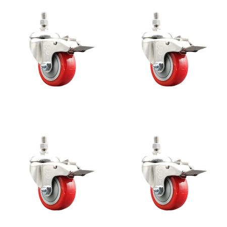 3 Inch 316SS Red Polyurethane Wheel Swivel 3/8 Inch Stem Caster Set Lock Brake